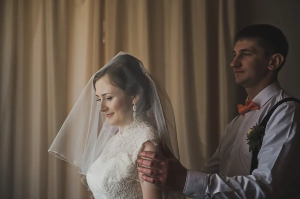 El novio toma a la novia con velo y la besa 3760 . — Foto de Stock