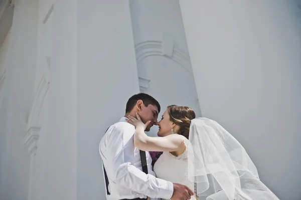 Newlyweds hugging on the background of the Church 3806. — Stock Photo, Image