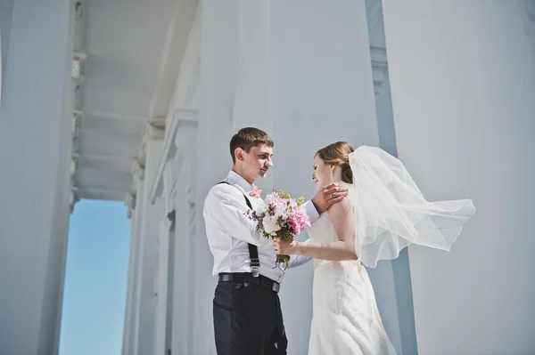 Le marié étreignant la mariée avec les colonnes blanches 3887 . — Photo