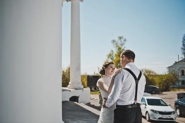 A menyasszony és a vőlegény, a háttérben a fehér oszlopok 3912. — Stock Fotó
