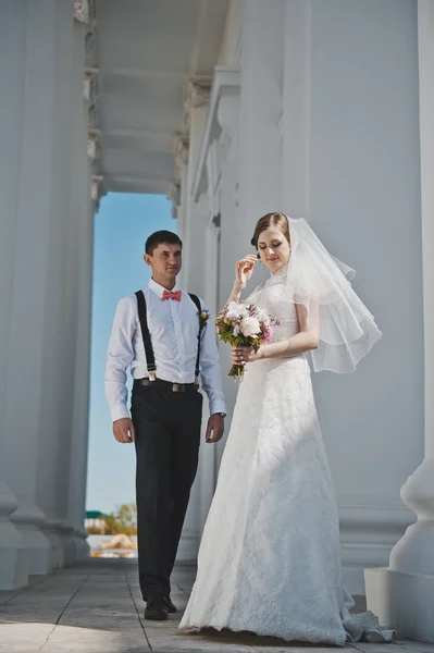 El novio abrazando a la novia con las columnas blancas 3896 . — Foto de Stock