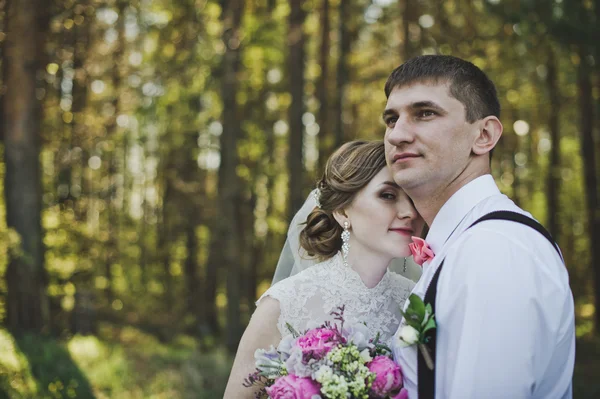 The tender embrace of the newlyweds in the woods 3952. — Stock Photo, Image