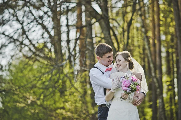 Recién casados abrazándose en el fondo del bosque 3976 . —  Fotos de Stock