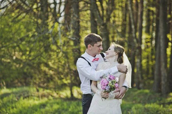 3974 숲의 배경에서 포옹 하는 신혼 부부. — 스톡 사진