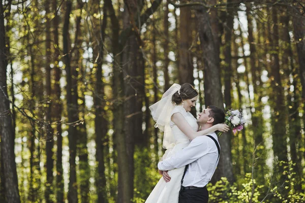 Recém-casados abraçando no fundo da floresta 3986 . — Fotografia de Stock