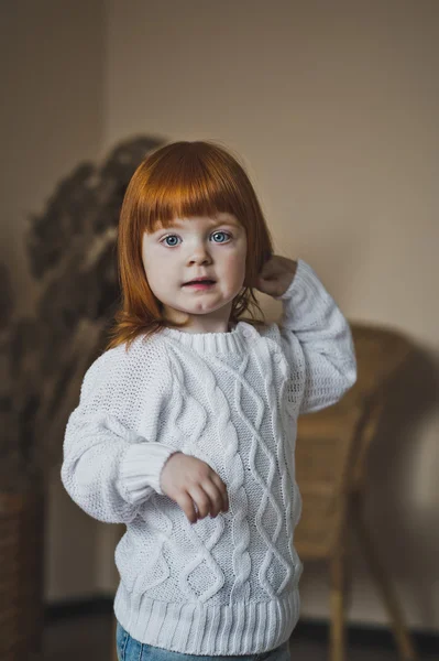 Portret van een klein meisje in een witte trui 4404. — Stockfoto