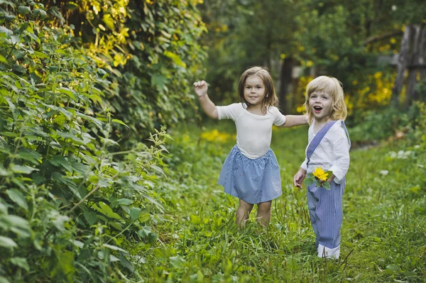 Ein Junge und ein Mädchen spazieren im grünen Garten 4760. — Stockfoto