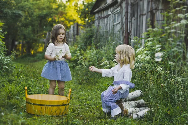 Girl and boy playing outdoors with soap bubbles 4746. — Stock Photo, Image