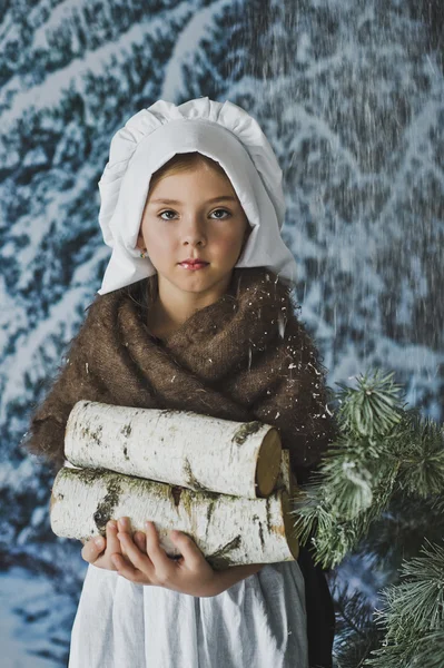 Menina na floresta de inverno coletar lenha 4842 . — Fotografia de Stock