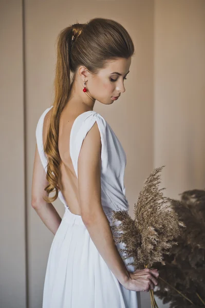 A beautiful girl in open dress with long brown hair oblique 4936 — Stock Photo, Image