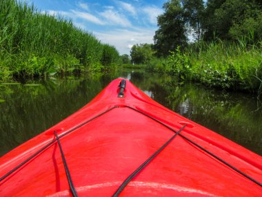 Kırmızı turist kanosu. Yeşil bitkiler ve otlarla dolu sakin bir nehirde seyyar satıcılık yapmak