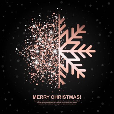 Siyah geometrik arkaplanlı Rose Gold Parlayan Kar Tanesi afişi. Vektör İllüstrasyonu. Hepsi izole ve katmanlı.