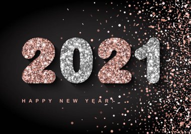 2021 Yeni Yıl Afişi 'nde siyah arka planda altın ve gümüş sayılar ve burkulmuş konfeti var. Vektör çizimi. Hepsi izole ve katmanlı.