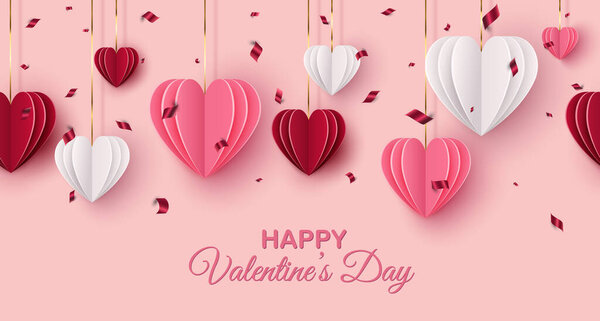 С Днем Святого Валентина веб-баннер. Висячая красная, розовая, белая бумага режет сердца на красном фоне. Декоративный праздничный баннер, праздничный плакат, романтический флаер. Векторная иллюстрация