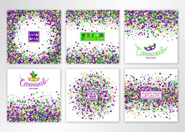 Mardi Gras Karnaval arka planı. Maskeli balo maskesiyle parlak renklerde tasarım seti. Vektör illüstrasyonu.