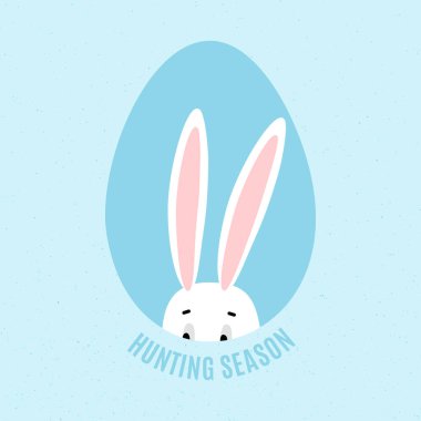 Paskalya kutlaması için yumurtanın içinde tavşan saklayan av sezonu posteri. Mavi arkaplanda izole edilmiş vektör ile komik pankart