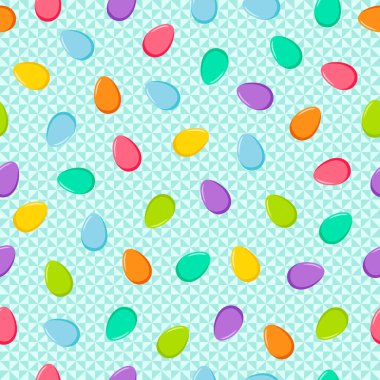 Renkli yumurtalarla kusursuz mavi üçgen desen. Web arkaplanı için Paskalya bayramı arkaplanı, kumaşa baskı, hatıra defteri için kağıt, hediye paketi.