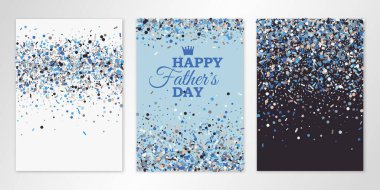Afişler beyaz, mavi ve kahverengi arka planda dağınık konfeti ile hazırlandı. Babalar Günü davetiye kartları, broşür tasarımı, sertifikalar için vektör el ilanı tasarımı şablonları. Hepsi katmanlı ve izole.