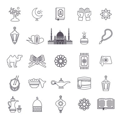 İslami din vektör çizgisi simgeleri beyaz arkaplan üzerine kurulmuştur. Ramazan Kareem Arapça işaret grubu. Hepsi izole ve katmanlı.