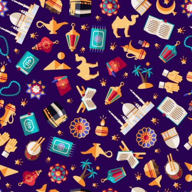 Koyu mor arka plana yayılmış Arapça işaretler ve sembollerle kusursuz desen. Ramazan Kareem kağıt şablonu. Vektör illüstrasyonu