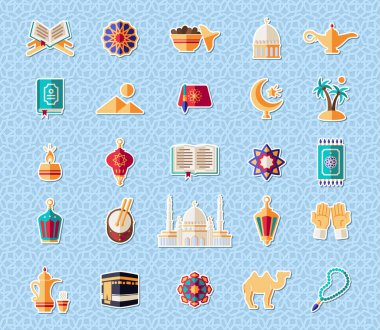 Mavi dantelli Arap girişi arka planında Ramazan Kareem etiketleri. Vektör İllüstrasyonu. Hepsi izole ve katmanlı.