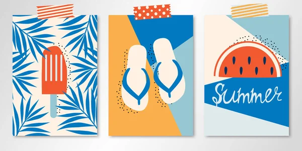 Набір Трьох Стрічкових Векторних Літніх Листівок Морозивом Пальмовому Листі Сандалі Векторна Графіка