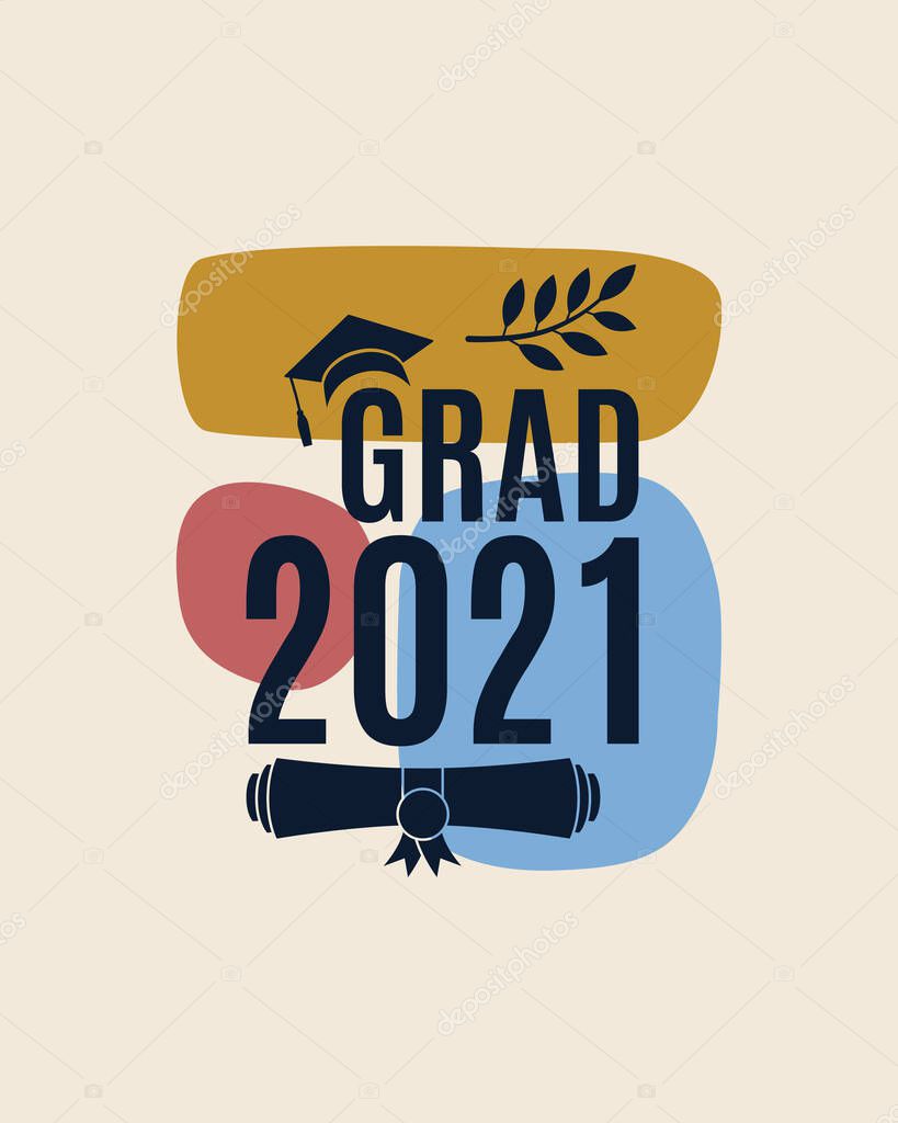 Grad 2021 greeting card with hat, laurel, abstract shapes on background in earth color for the invitation, banner, poster, postcard. Vector graduation template. All isolated and layered