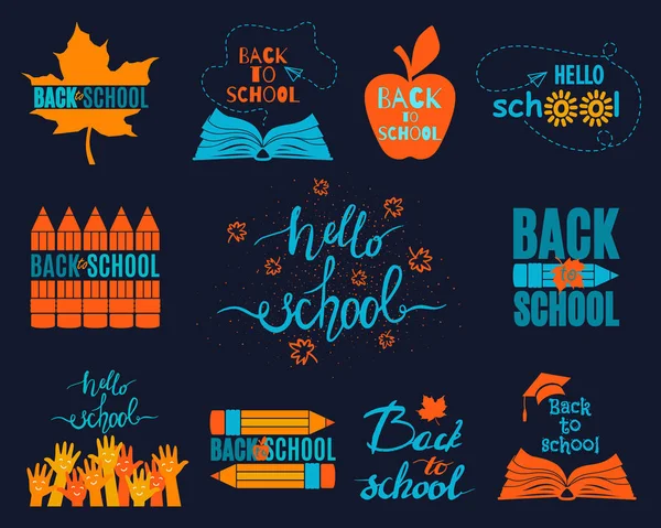 Back School Set Logos Dark Background All Labels Isolated Layered — Stock Vector