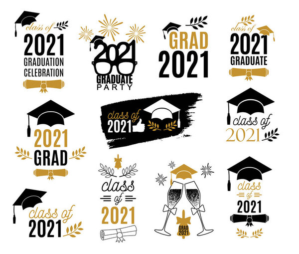2021 graduation class of labels design set. Badges kit for shirt, print, seal, overlay, stamp, greeting card, invitation. Vector sign or logo. Multi-layer file