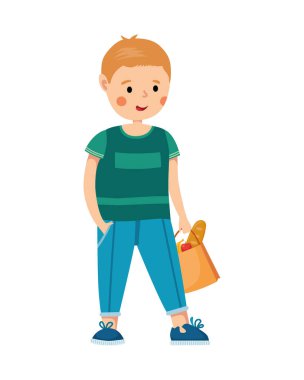 Mağazadan alışveriş yapan bir çocukla vektör çizimi. Çocuk içinde meyve ve ekmek olan bir market poşeti tutuyor. Bir adamın düz stil görüntüsü