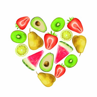 Farklı meyvelerden yapılmış kalp bileşimi. Kivi, armut, çilek, karpuz, avokado.