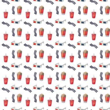 3 boyutlu gözlüklü suluboya desen, patlamış mısır, kola, film şeridi. Beyaz arka planda film ve sinema temasında pürüzsüz desen