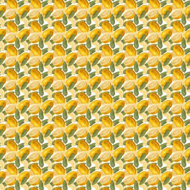 Parlak limonları ve beyaz arka planda yaprakları olan kusursuz bir desen. Parlak yaz baskısı Tekstil ve yiyecek içeren kağıt