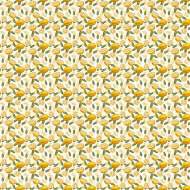 Limon ve yaprakların çizildiği kusursuz yaz şablonu. Beyaz arka planda sitruslu yiyecek çizimi