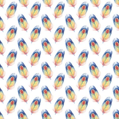 Tavus kuşu tüylü desen. Beyaz arka planda suluboya tüyleri olan kusursuz bir desen. Sarı, turuncu, kırmızı, mavi, yeşil renkli tavus kuşu tüyleri çizgi film tarzında. 