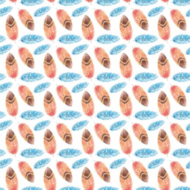 Tüylü pürüzsüz desen. Ambalaj, tekstil, kartpostal, baskı tasarımı için beyaz arkaplan üzerine mavi ve turuncu tüylerin suluboya çizimi.