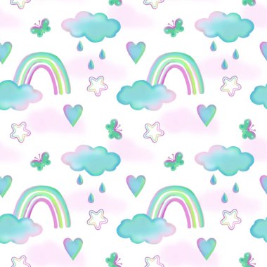 Bulutlu, gökkuşaklı, yıldızlı, kalpli, kelebekli kusursuz çocuk deseni çizgi film tarzında beyaz bir arka plana düşer. Tekstil, kağıt ve ambalaj üzerine baskı için illüstrasyon