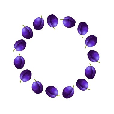 Dokulu eriklerden yapılmış yuvarlak çerçeve. Beyaz arka planda meyveli illüstrasyon