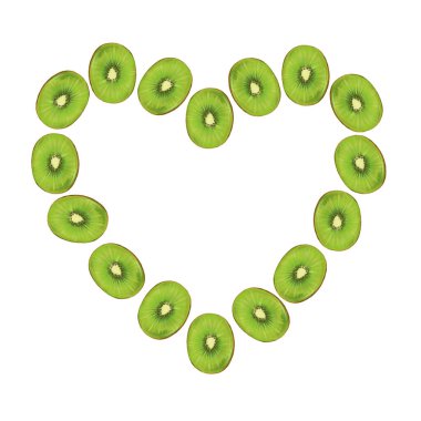 Beyaz arka planda kivi olan kalp şeklinde bir meyve çerçevesi. Yazdırma, tekstil, kağıt ve kartpostallar için meyveli illüstrasyon