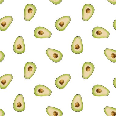 Beyaz arka planda avokadosu olan kusursuz yaz deseni. Tekstil ve kağıt tasarımı için şirin tropikal desenli çizimler