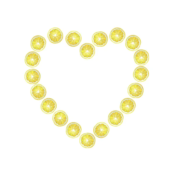 Moldura Frutas Forma Coração Com Fatias Limão Fundo Branco Ilustração — Fotografia de Stock