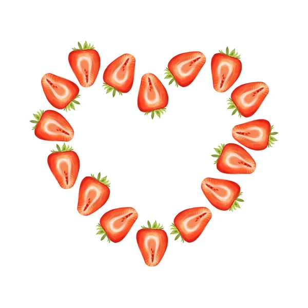 Καλοκαιρινό Καρέ Φρούτων Σχήμα Καρδιάς Φράουλες Λευκό Φόντο Εικονογράφηση Φωτεινών — Φωτογραφία Αρχείου