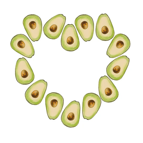 Avocado Heart Frame Composition Fruits Shape Heart White Background Design — Stock Photo, Image