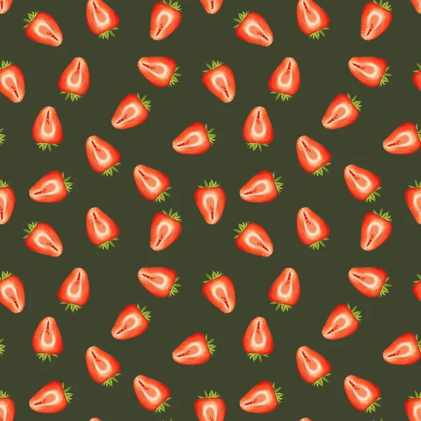 灰色の背景にイチゴと夏のシームレスなパターン 繊維や紙のための甘いジューシーなテクスチャフルーツ — ストック写真