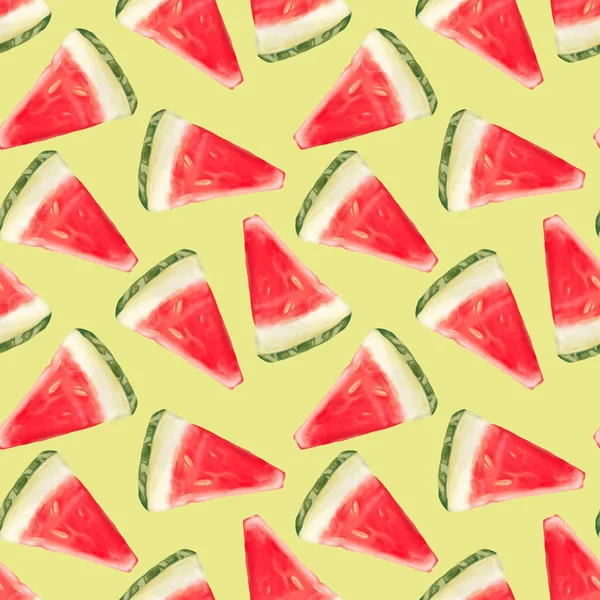 Zomer Naadloos Patroon Met Watermeloenen Een Licht Groene Achtergrond Illustratie — Stockfoto