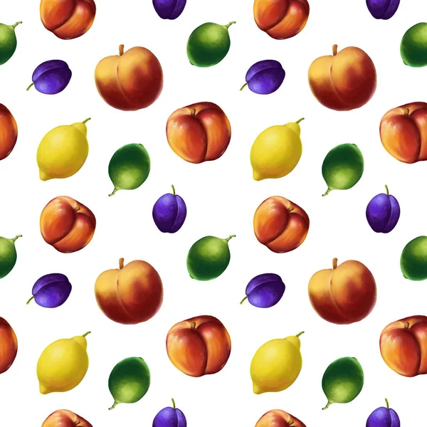 Carino Modello Senza Cuciture Con Prugne Limoni Illustrazione Frutti Fondo — Foto Stock