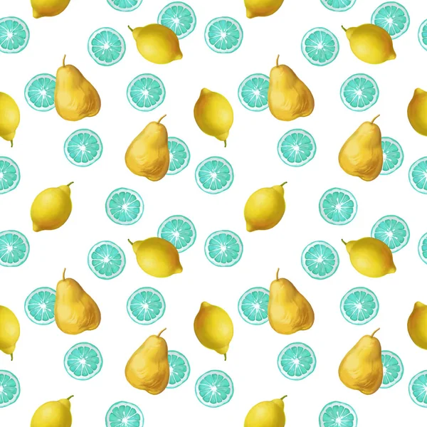 Літній Безшовний Візерунок Лимонами Грушами Білому Тлі Ілюстрація Декоративними Текстурованими — стокове фото