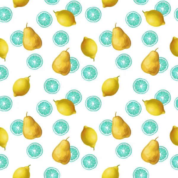 Motivo Estivo Senza Cuciture Con Limoni Pere Sfondo Bianco Illustrazione — Foto Stock