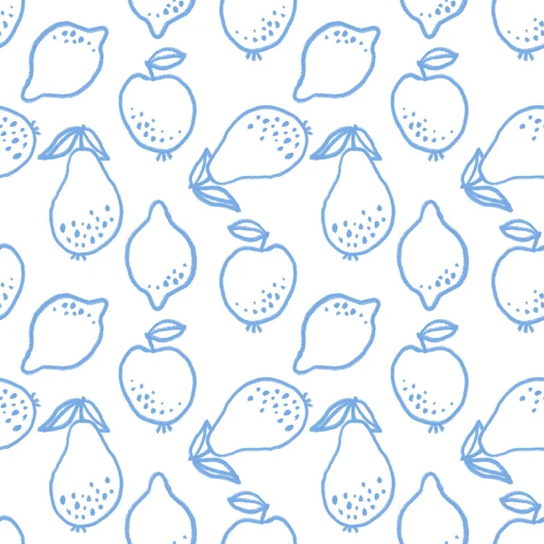 白い背景に装飾的なターコイズフルーツと夏のシームレスなパターン リンゴ 梨と織物 壁紙のレモンのイラスト — ストック写真