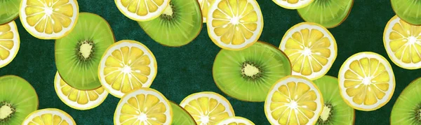 暗い緑の背景にレモンとキウイでシームレスな装飾 スコッチテープ ポストカードの印刷のための果物とイラスト — ストック写真